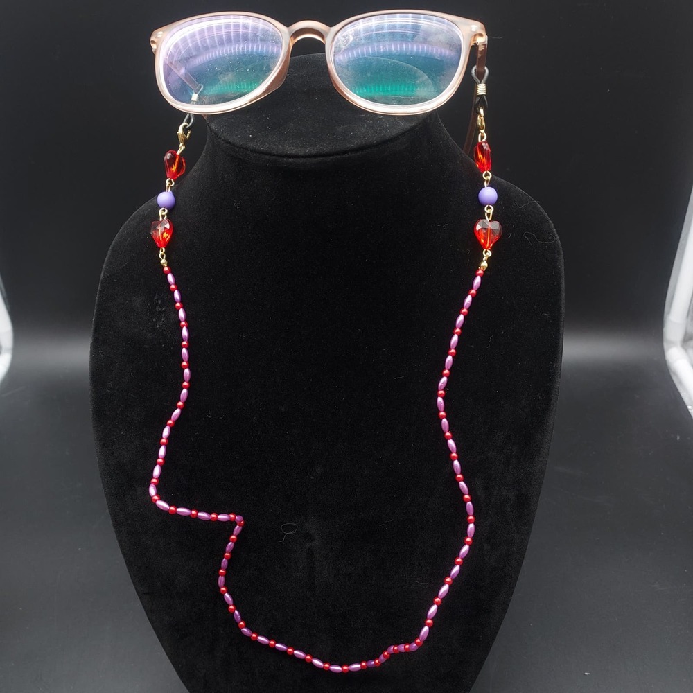 Red Hat Society EyeGlass Chains Purple Red Heart Charms Faux Pearl NOS - Picture 6 of 10